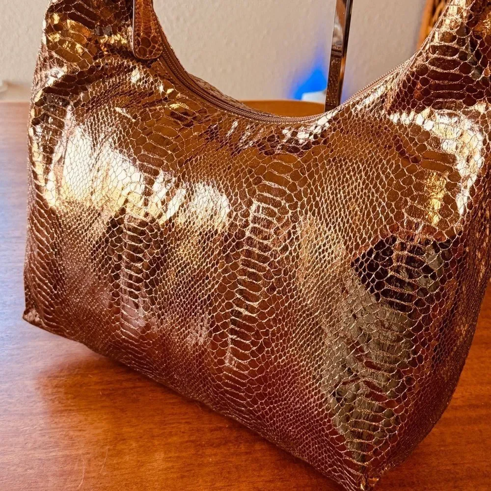 Chi By Carlos Falchi Metallic Snakeskin Print Rose Gold Hobo Bag